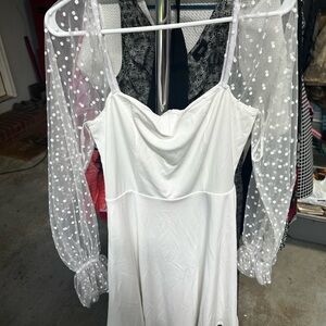 White Dress with Sheer Polka Dot Sleeves
